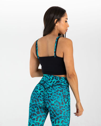 noireblanc, Teal Leopard Collection,Medium support sports bra, Black with teal leopard print lining, Removable pads and seamless ribbed underband.