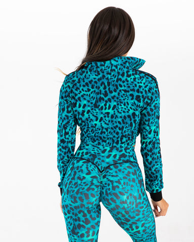 noireblanc, Teal Leopard Collection, Cropped jacket, Zip-up, Leopard print, Front tie knot with black stripes. 
