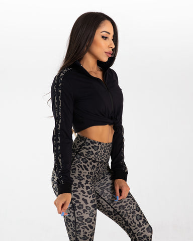 noireblanc, Panther Collection, Black, Cropped jacket, Front knot tie, Zip-up Hoodie, Leopard print stripes