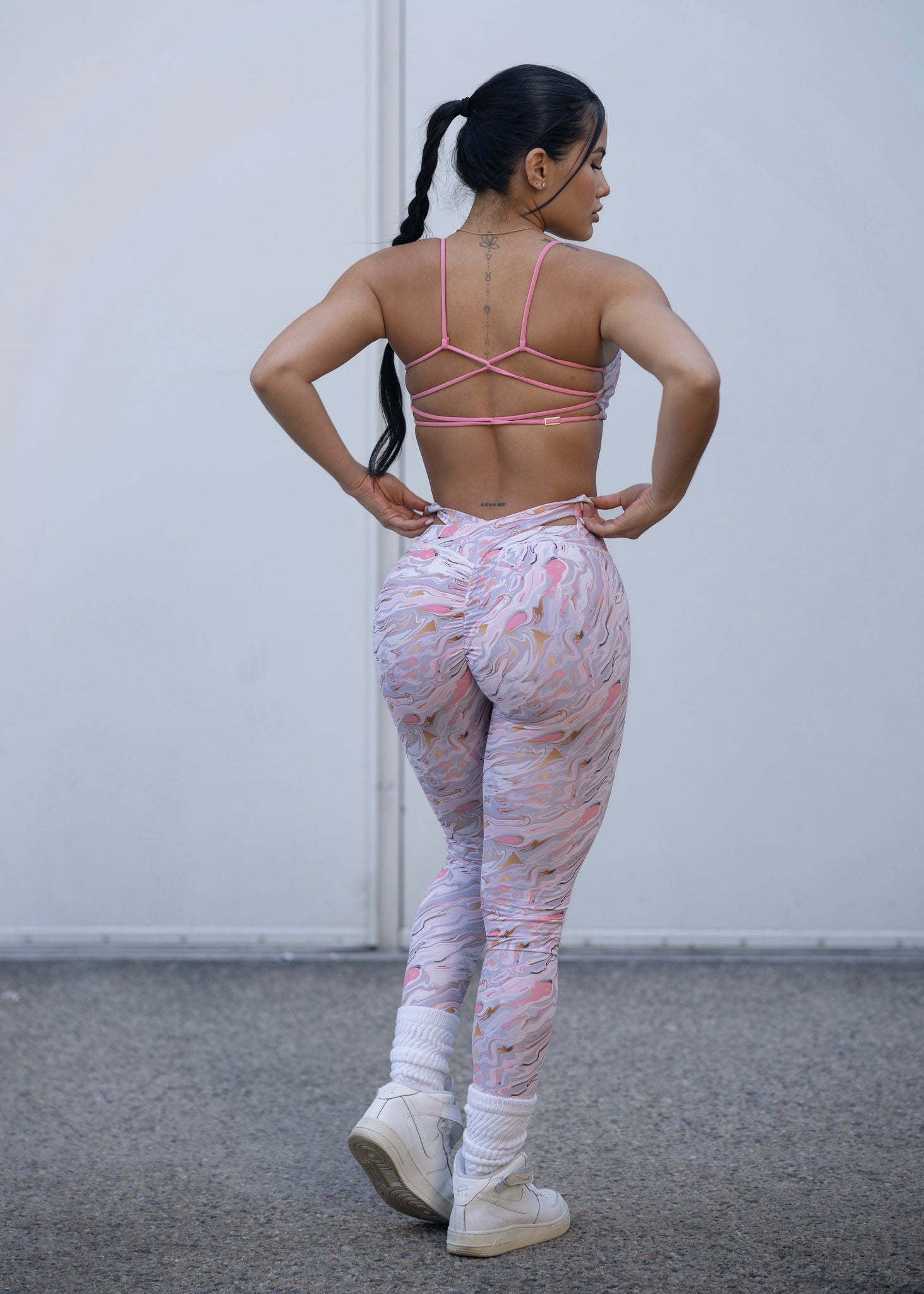 Be Fit White Cow Print with Pink Pockets Scrunch Butt Legging - Be