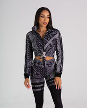 noireblanc, Ink Collection, Zip-up, Cropped jacket, Black paisley design, Front tie knot