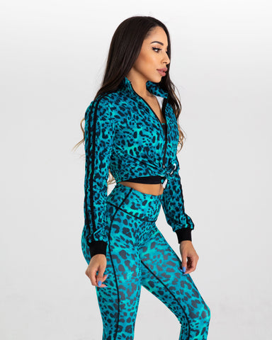 noireblanc, Teal Leopard Collection, Cropped jacket, Zip-up, Leopard print, Front tie knot with black stripes. 