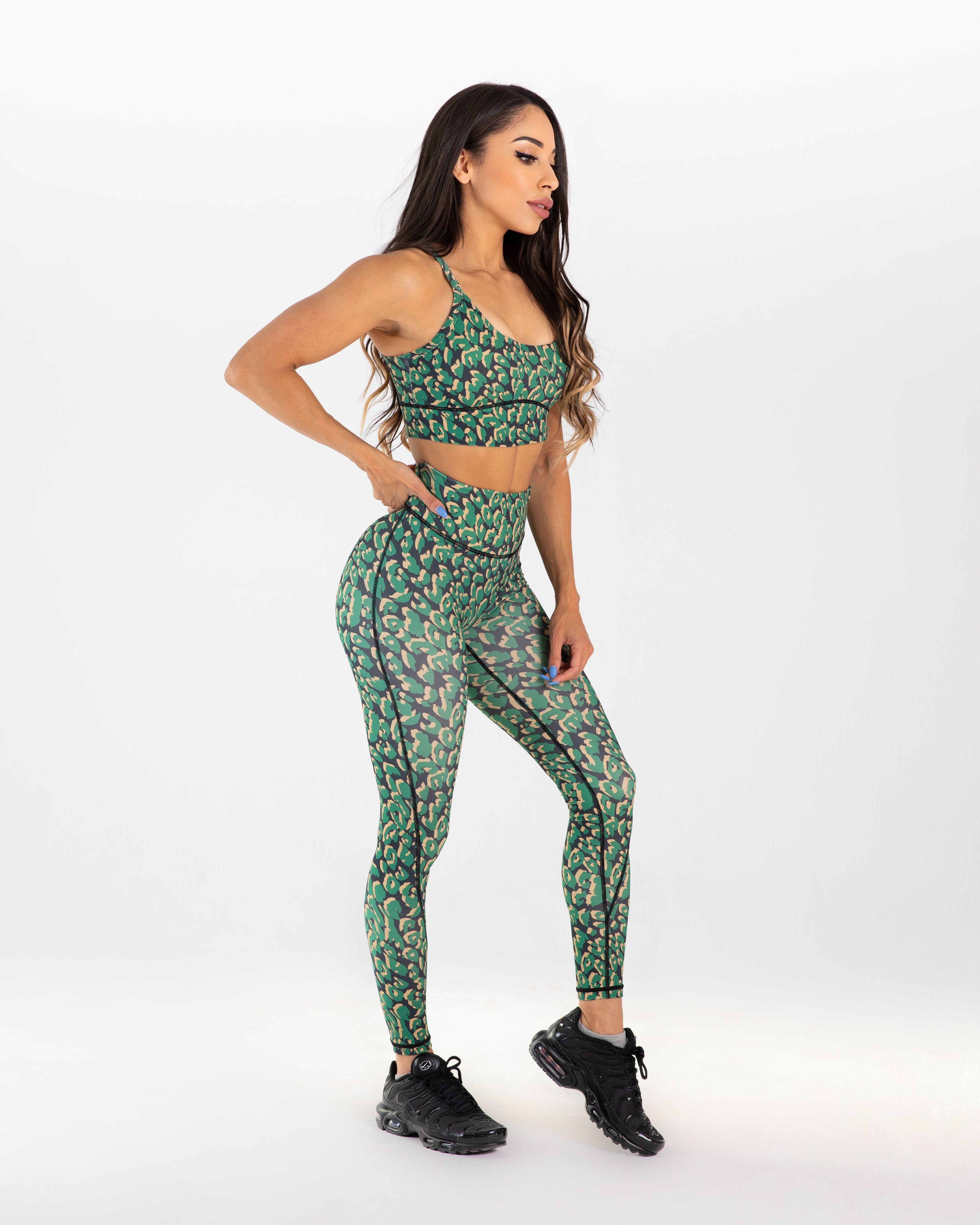 noireblanc, Amazonia Collection, leopard print, Medium support sports bra, Green leopard print, Removable pads, Criss-cross back