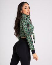 noireblanc, Amazonia Collection, Cropped jacket, Black green leopard print, Front knot tie, Striped sleeves