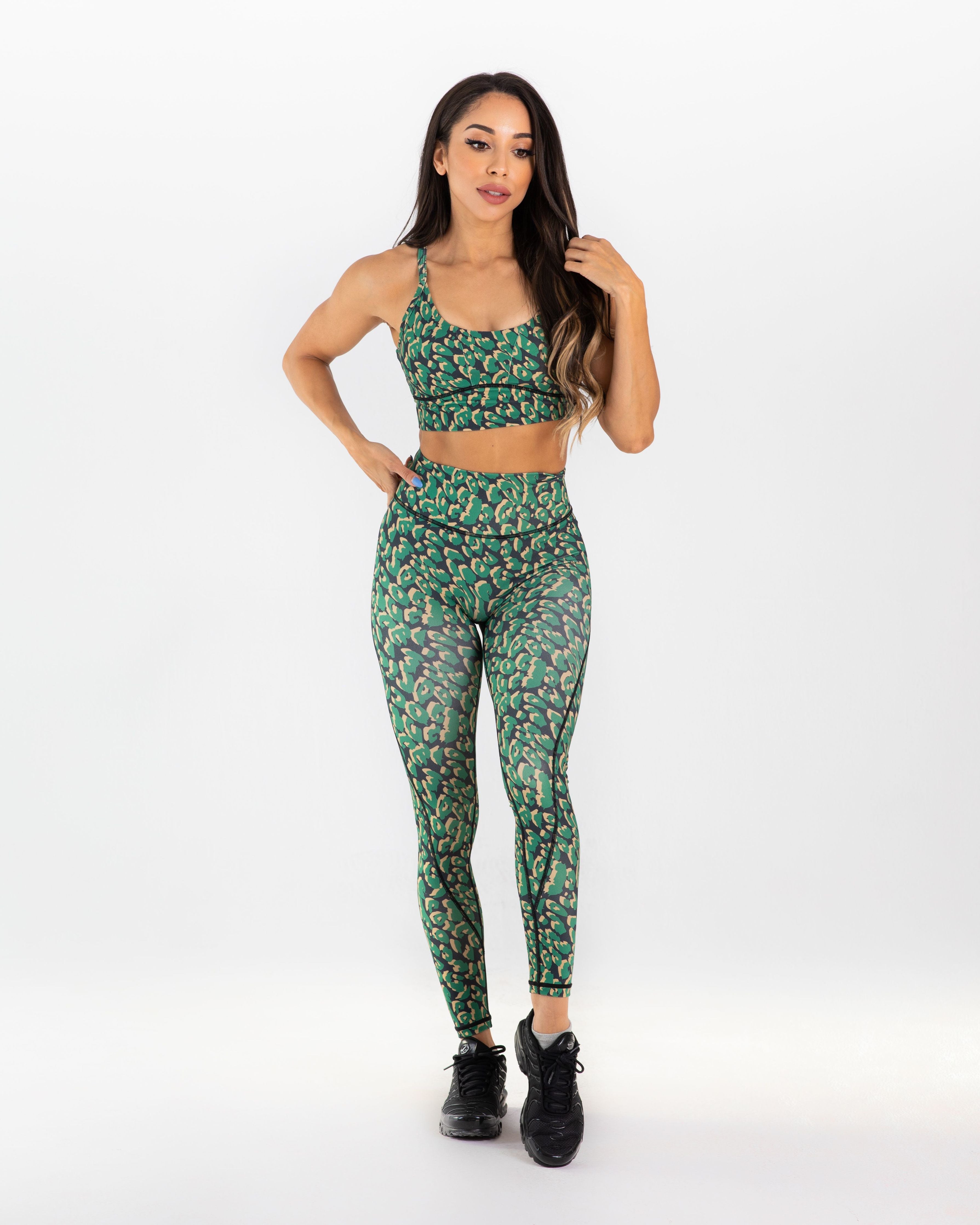 noireblanc, Amazonia Collection, leopard print, Medium support sports bra, Green leopard print, Removable pads, Criss-cross back