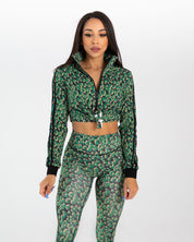 noireblanc, Amazonia Collection, Cropped jacket, Black green leopard print, Front knot tie, Striped sleeves