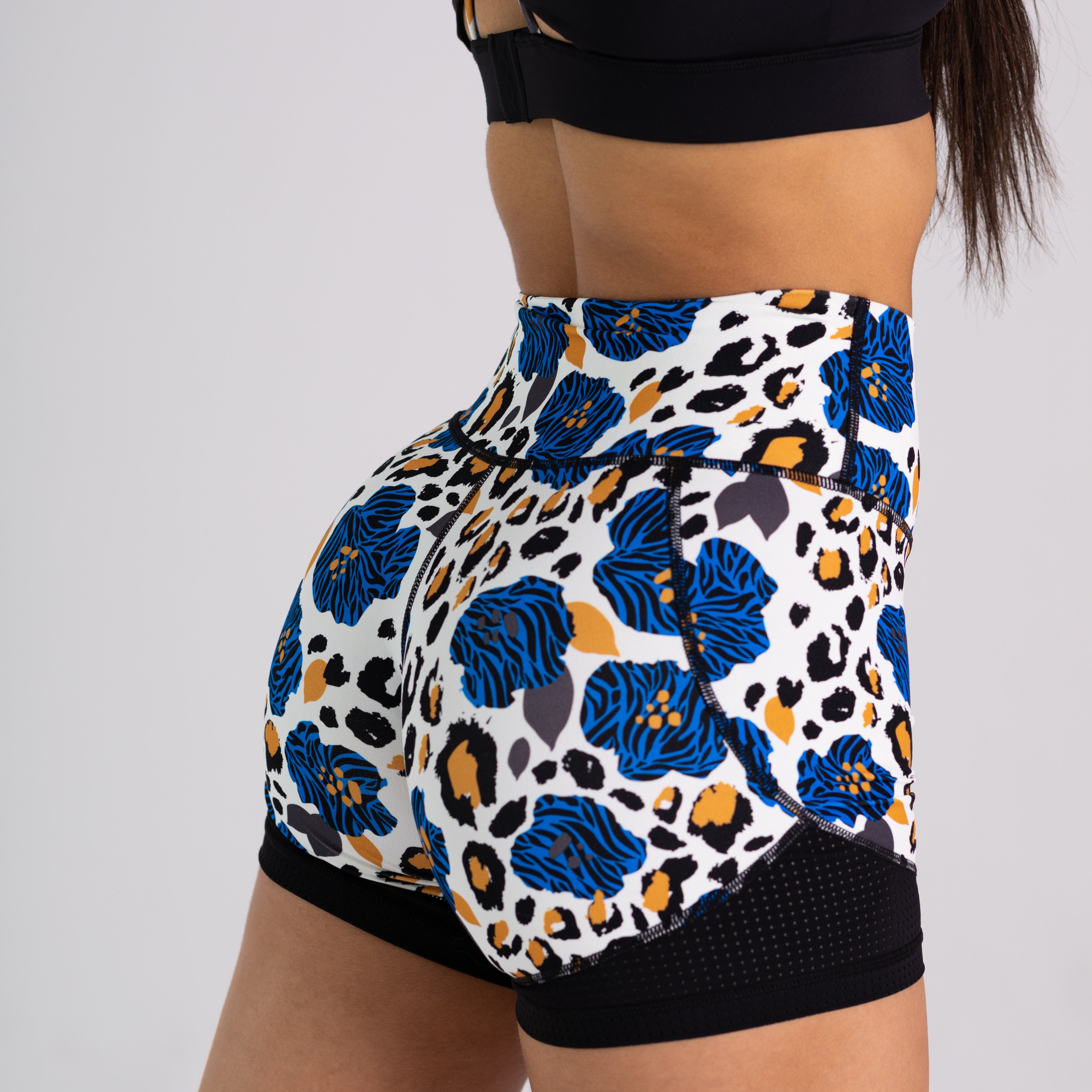 noireblanc, Blue Blossoms  Collection, High-waist shorts, No elastic, Leopard print with black mesh