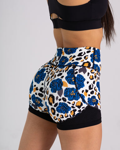 noireblanc, Blue Blossoms  Collection, High-waist shorts, No elastic, Leopard print with black mesh