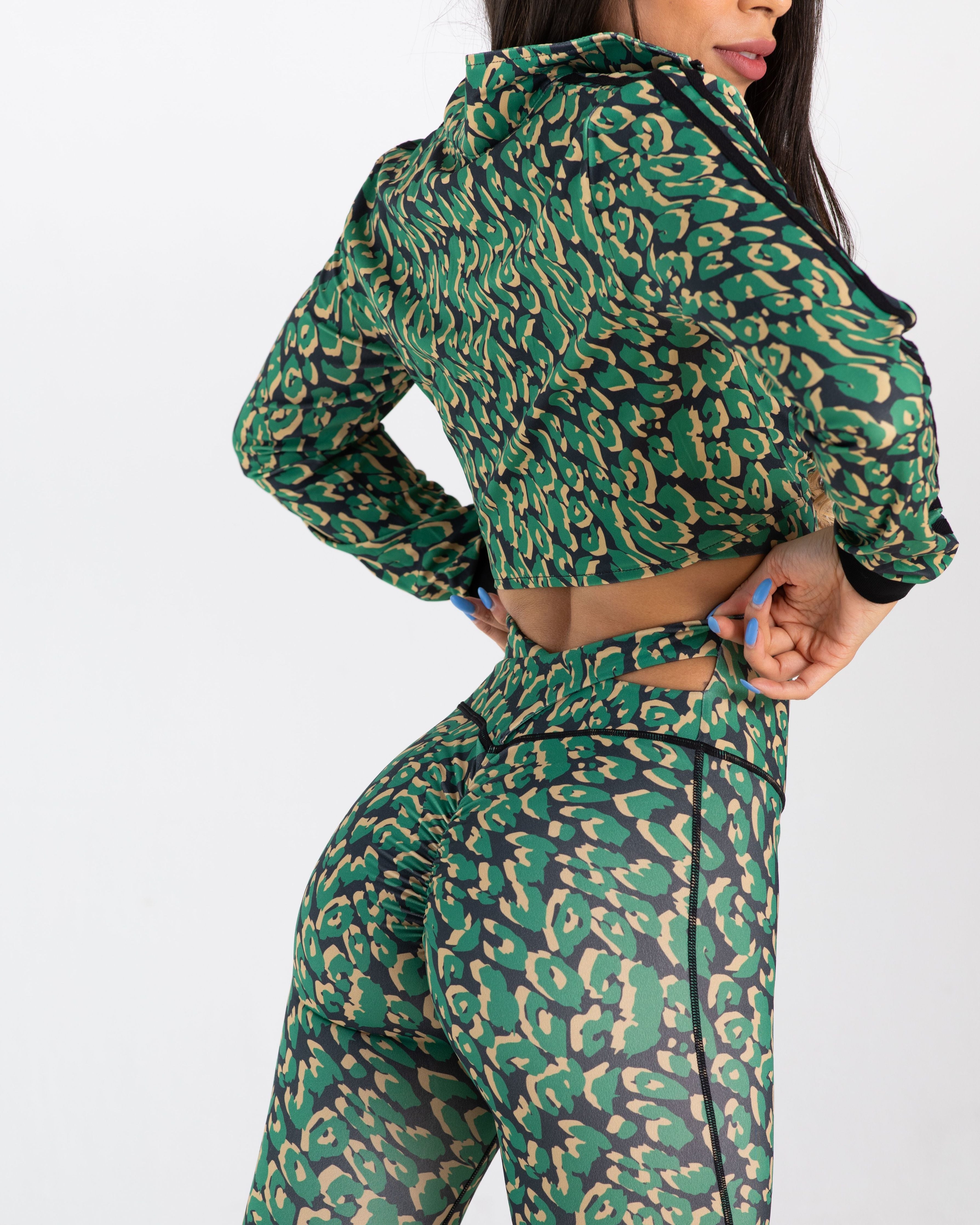 noireblanc, Amazonia Collection,  scrunch booty leggings, Not see through, Black and Green leopard print, high waisted, criss cross, tummy tucking