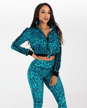 noireblanc, Teal Leopard Collection, Cropped jacket, Zip-up, Leopard print, Front tie knot with black stripes. 