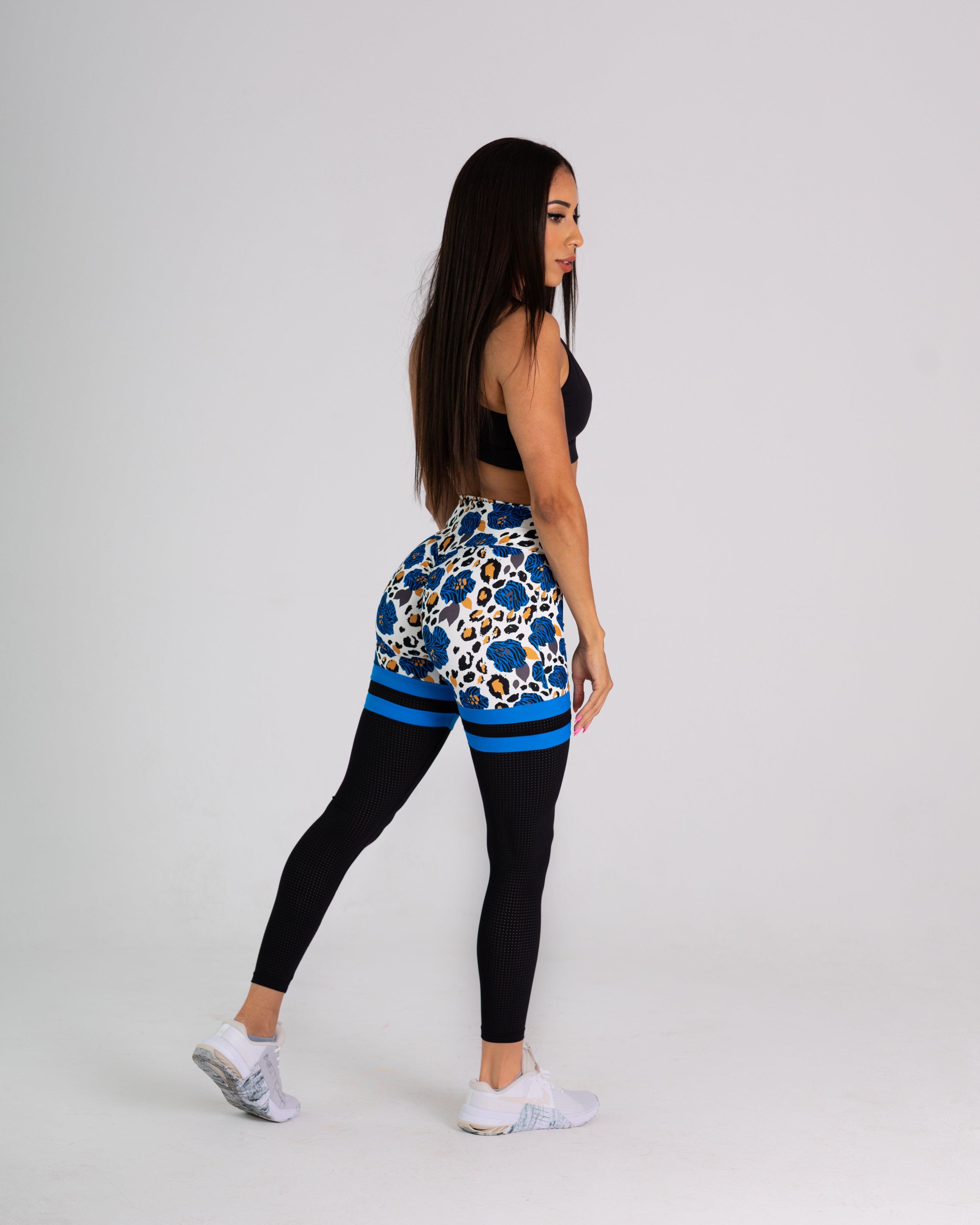 noireblanc, Blue Blossoms Collection, Sock leggings, scrunch booty, Thigh high, Yoga pants, Leopard print, Color-Block, Mesh Stripes