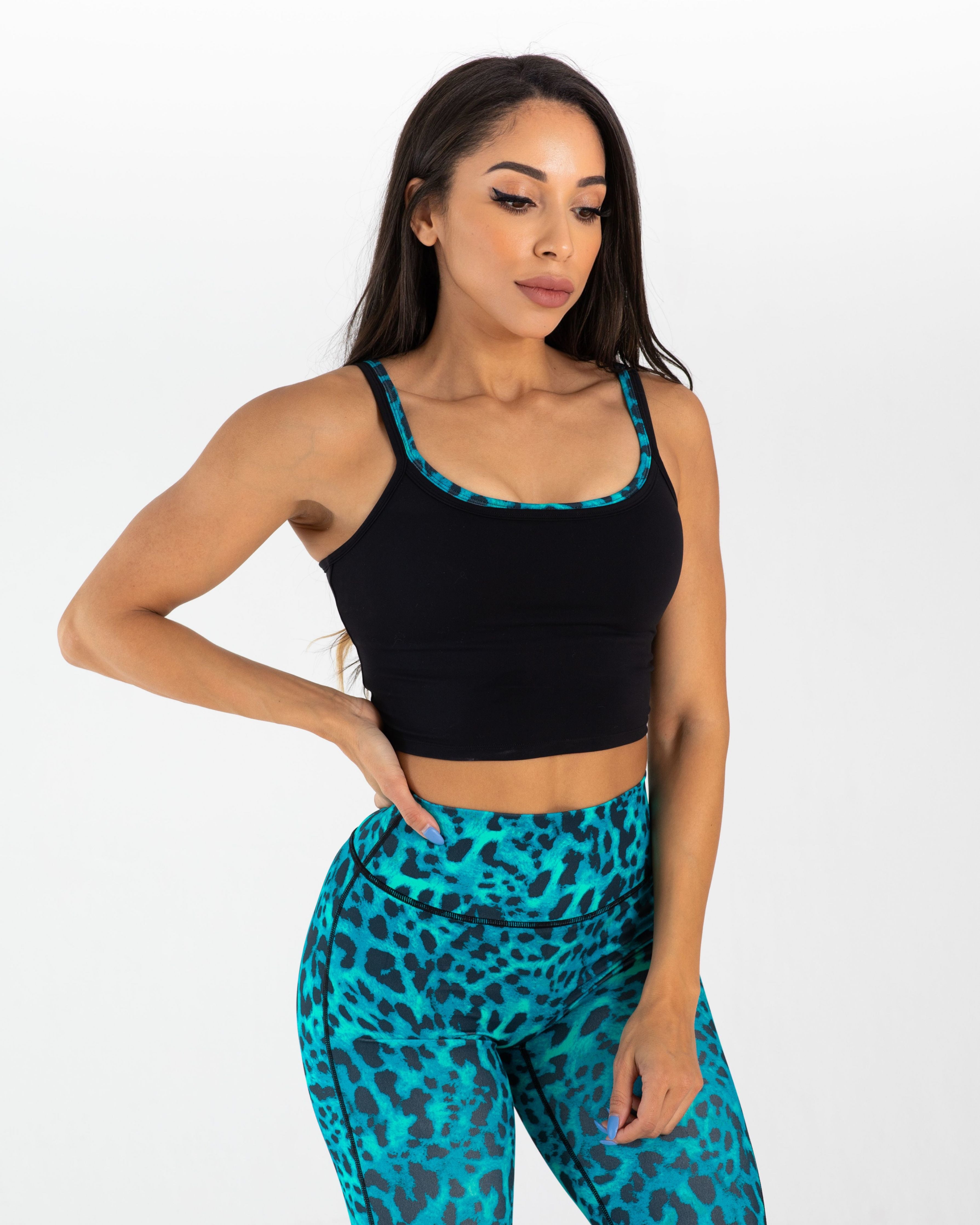 noireblanc, Teal Leopard Collection,Medium support sports bra, Black with teal leopard print lining, Removable pads and seamless ribbed underband.