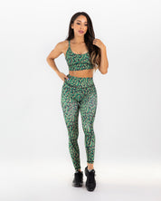 noireblanc, Amazonia Collection,  scrunch booty leggings, Not see through, Black and Green leopard print, high waisted, criss cross, tummy tucking