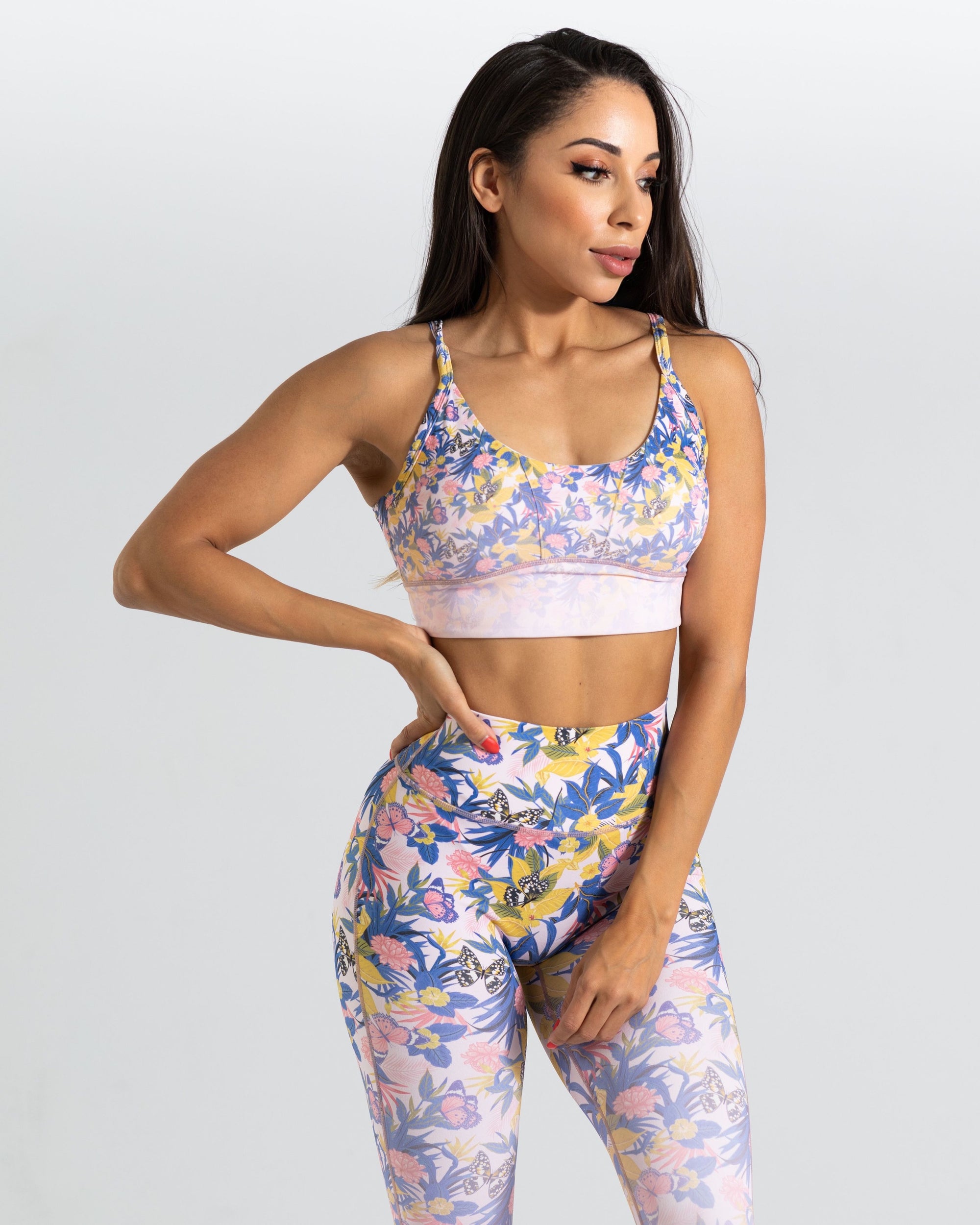 noireblanc, Serafina Collection, Medium support, Double layers sports bra, Floral and butterfly design, Removable pads