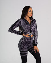 noireblanc, Ink Collection, Zip-up, Cropped jacket, Black paisley design, Front tie knot