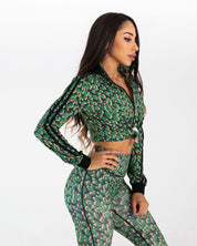 noireblanc, Amazonia Collection, Cropped jacket, Black green leopard print, Front knot tie, Striped sleeves