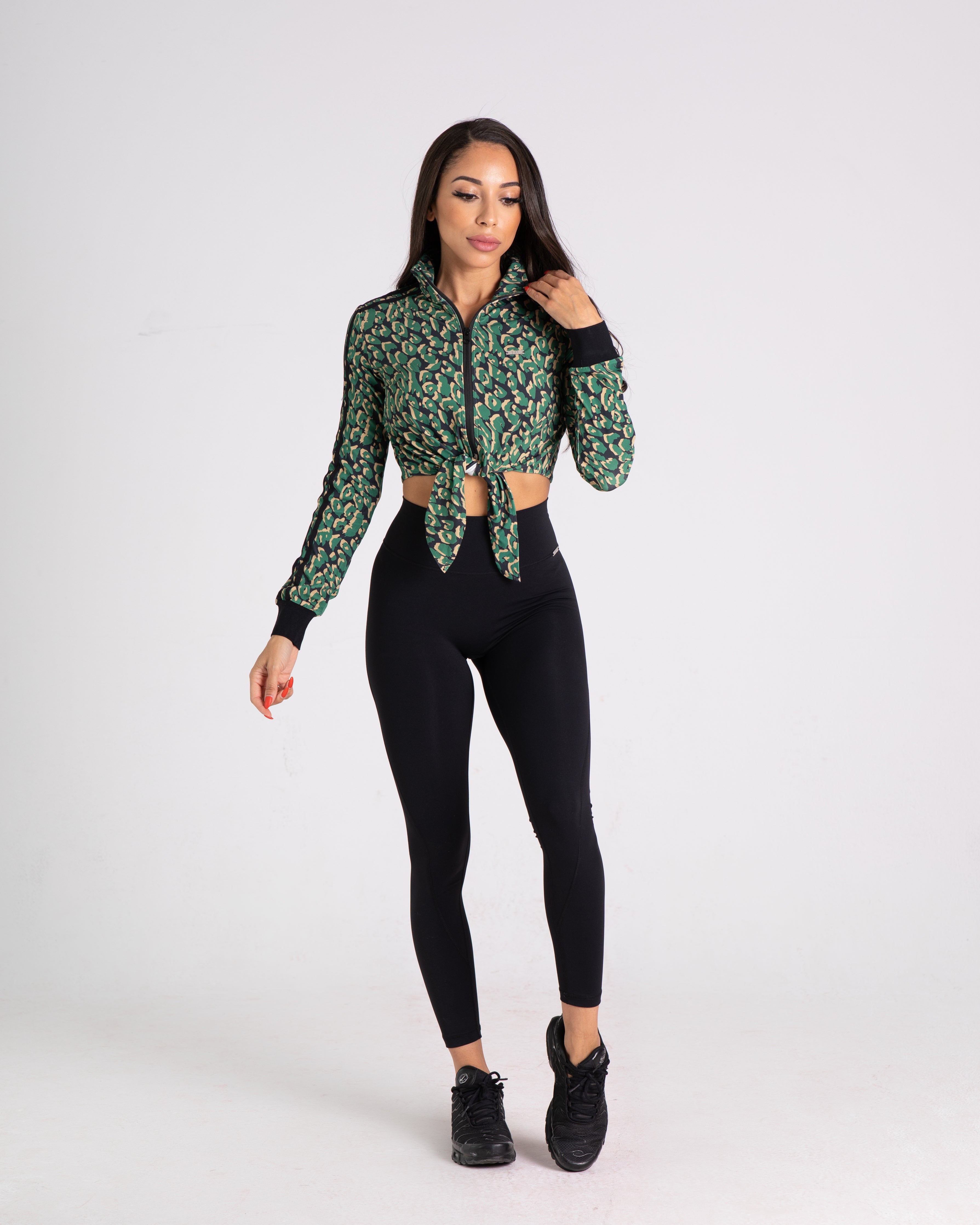 noireblanc, Amazonia Collection, Cropped jacket, Black green leopard print, Front knot tie, Striped sleeves