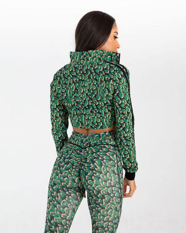 noireblanc, Amazonia Collection, Cropped jacket, Black green leopard print, Front knot tie, Striped sleeves
